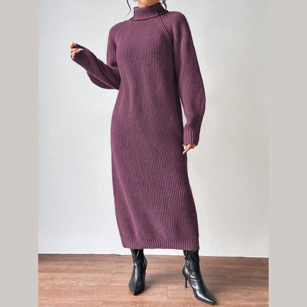 Plum Purple Ribbed Knit Turtleneck Long Sleeve Maxi Sweater Dress - Picture 6 of 7